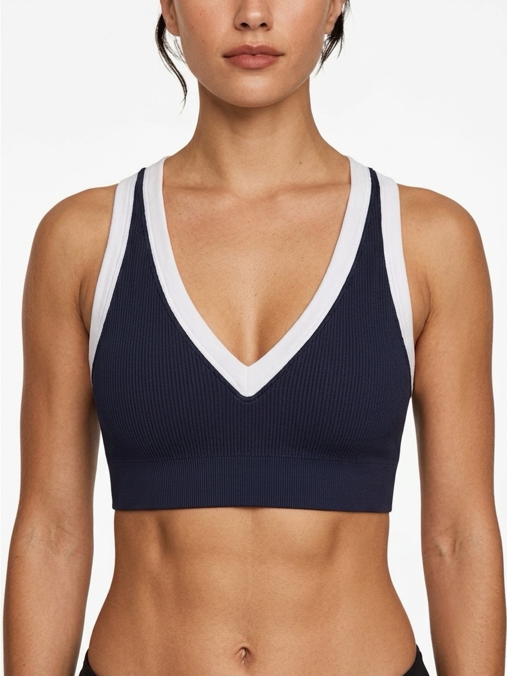 Offline by Aerie Navy and White Ribbed V-Neck Cropped Tank Size Large